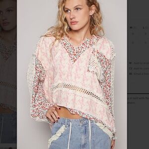 POL Pink and Cream Floral Top with crochet detail